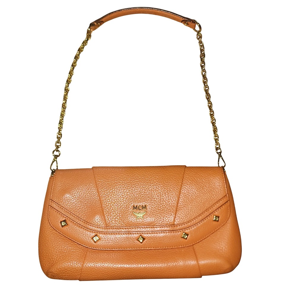 MCM Orange Pebbled Leather Shoulder Bag Gold Chain Studded Flap 2way Bag Luxury